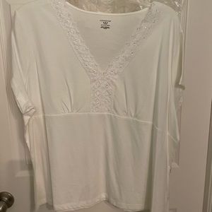 White V neck with crochet neckline, small accent sequins.  Brand new, with tags.